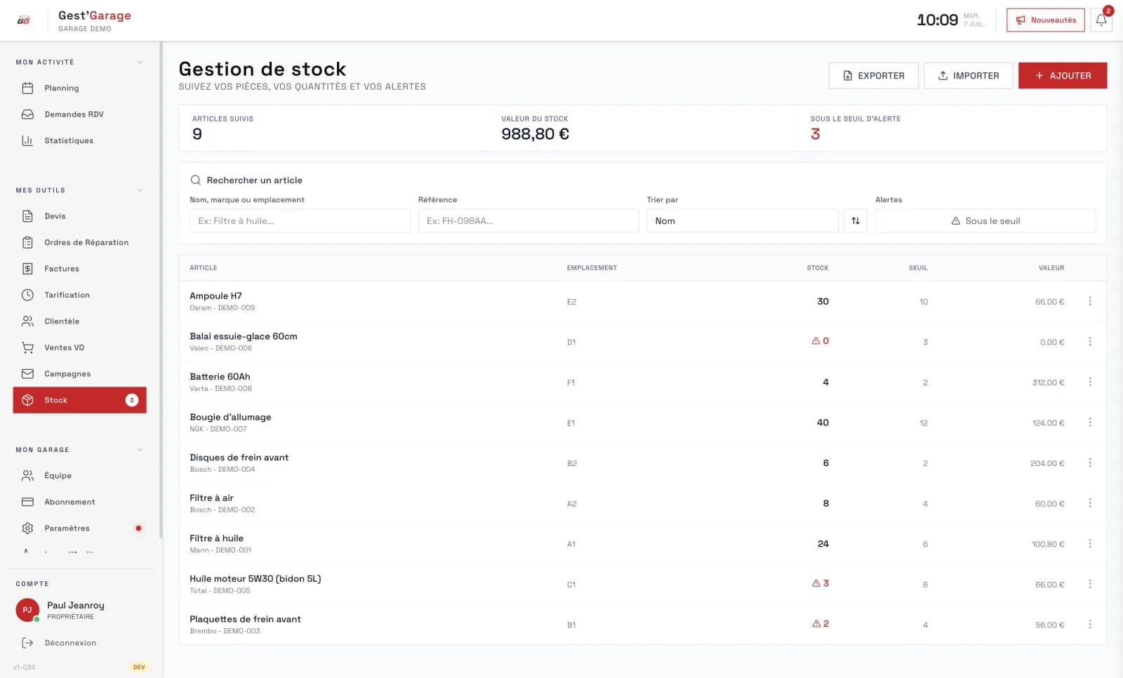 La gestion du stock de pièces dans le logiciel de garage Gest'Garage