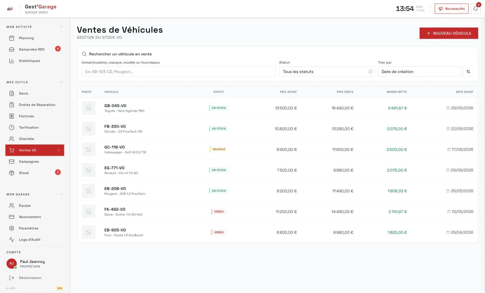 Ventes de véhicules d'occasion dans le logiciel de garage Gest'Garage