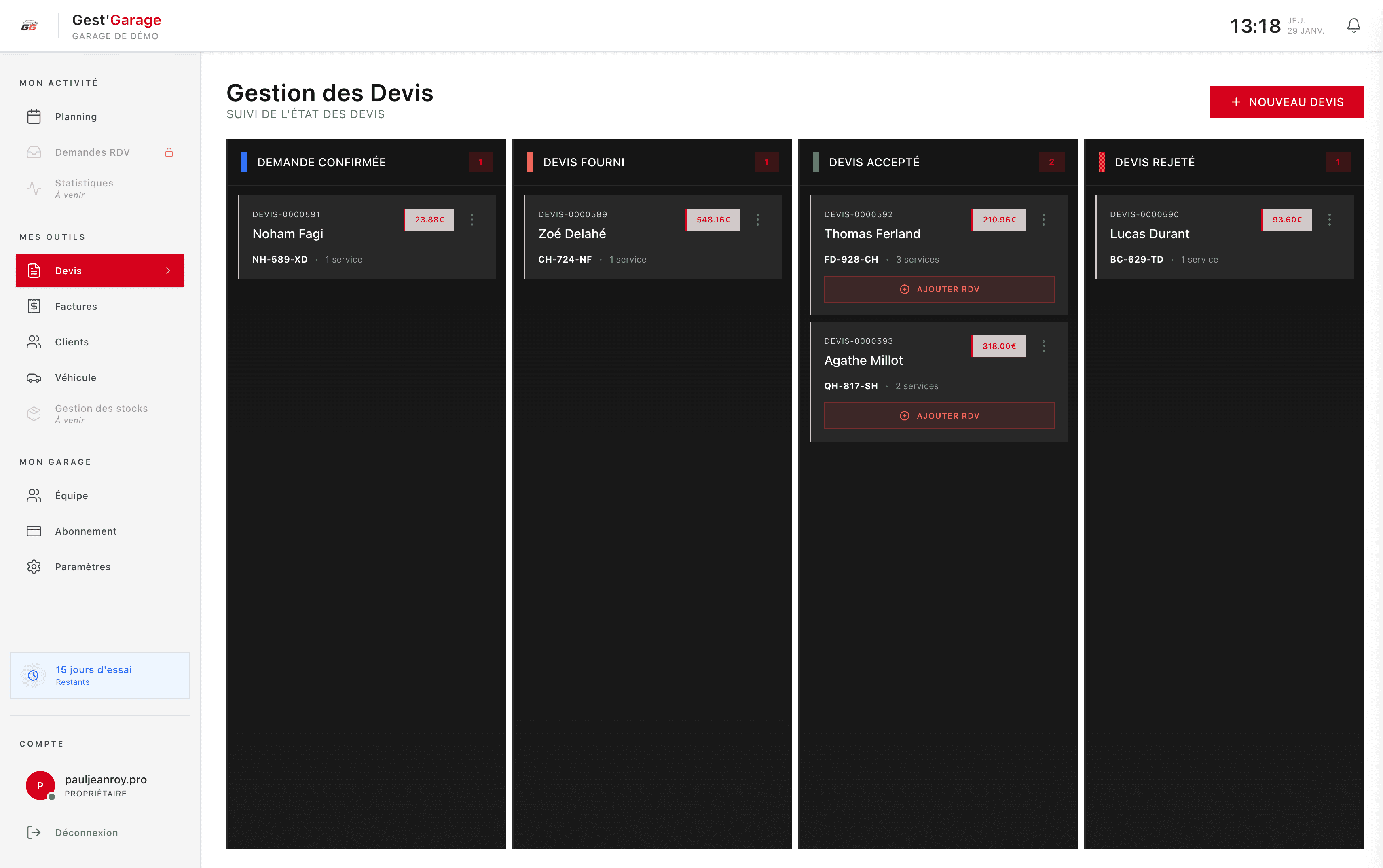Aperçu de l'application Gest'Garage