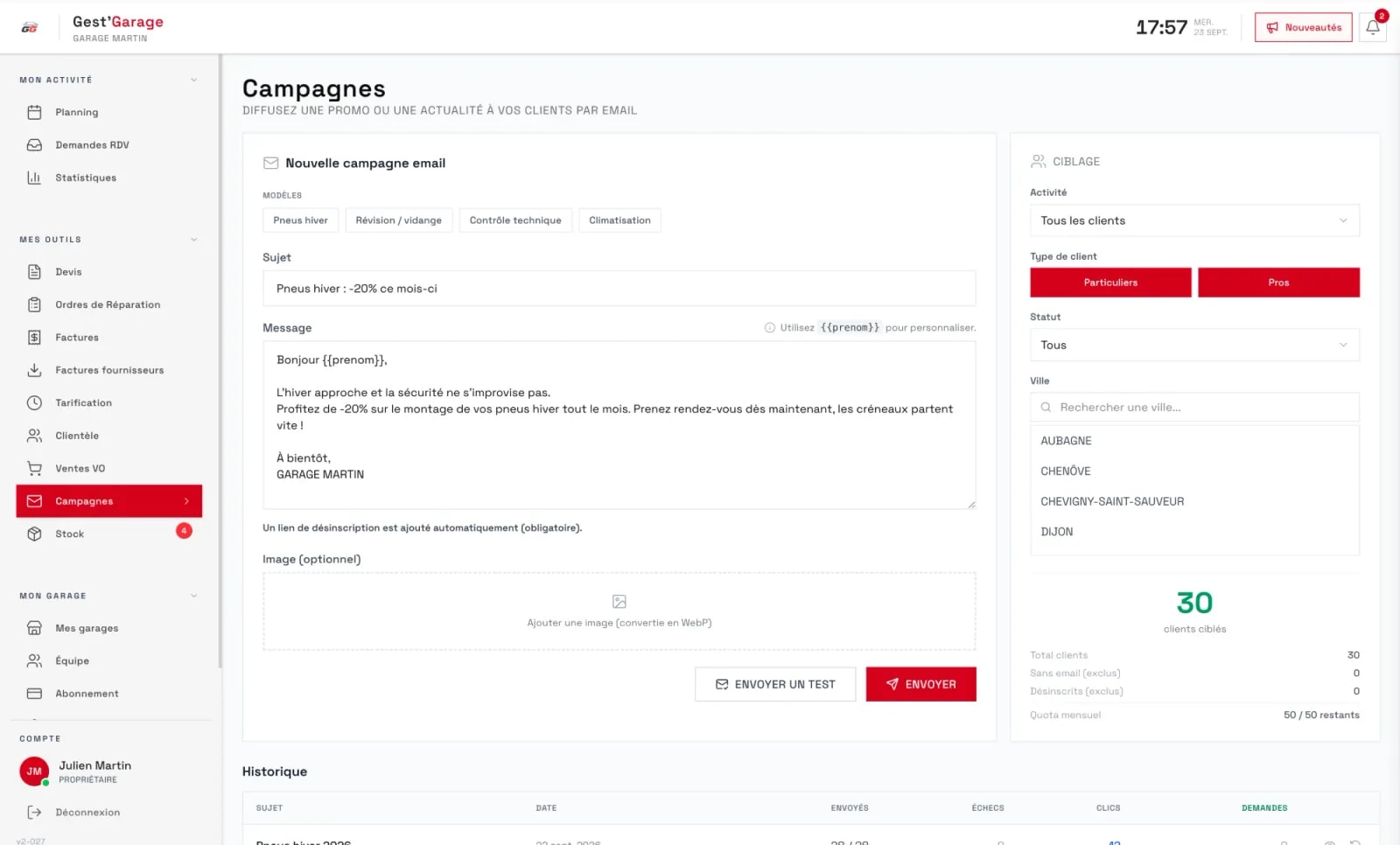 Campagne SMS et email aux clients d'un centre pneus dans Gest'Garage
