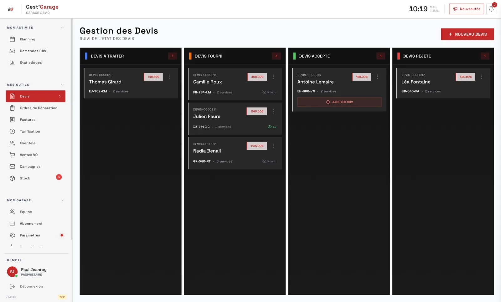 Logiciel de devis pour garage : suivi des devis à traiter, fournis, acceptés et rejetés dans Gest'Garage