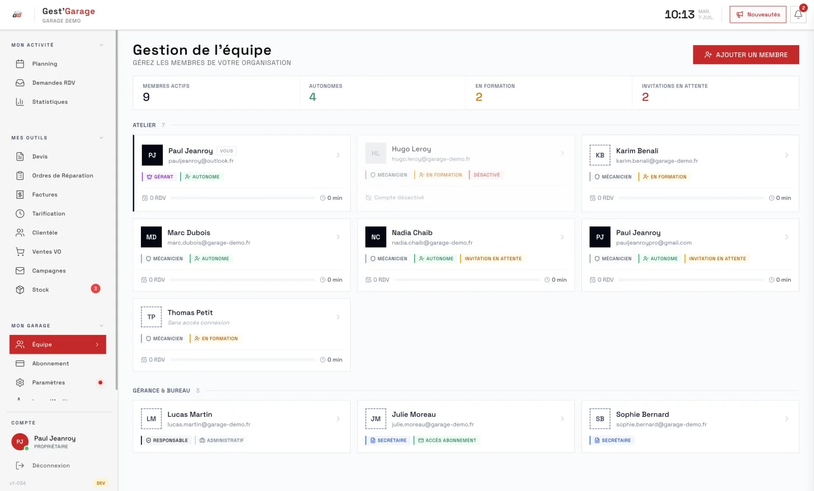 Gestion des rôles et des compétences de l'équipe dans Gest'Garage