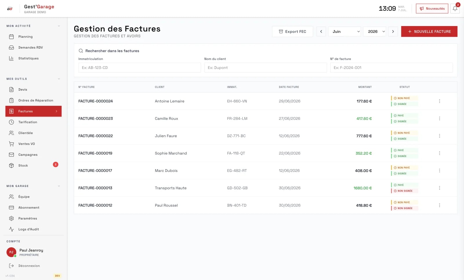 Logiciel de facturation pour garage : suivi des factures dans Gest'Garage