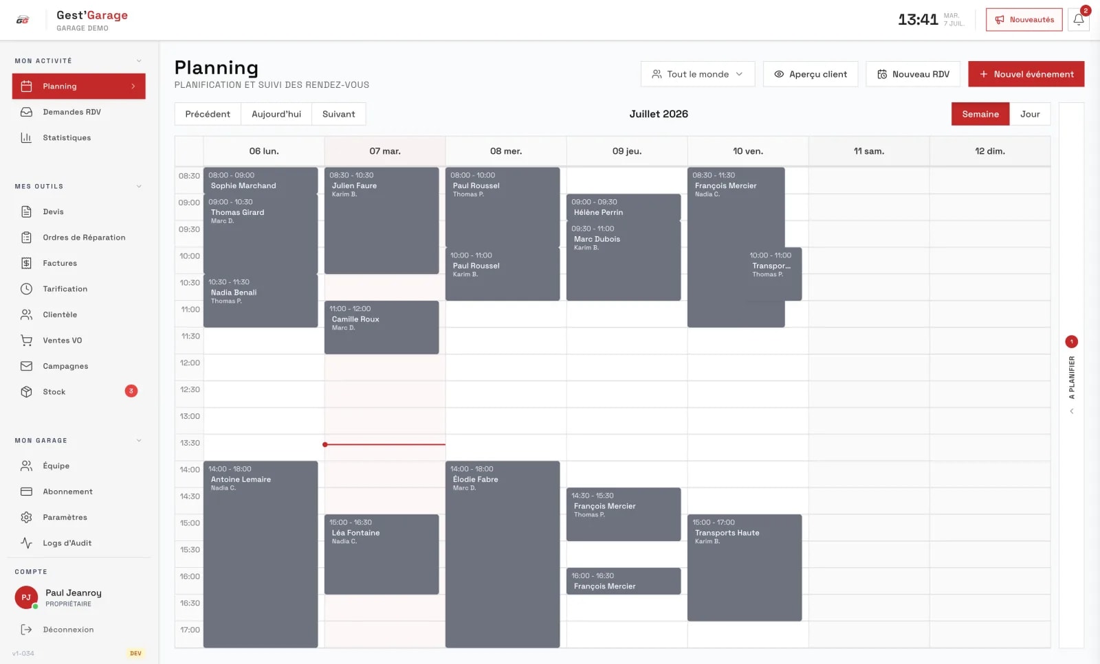Planning de l'atelier et rendez-vous de la semaine dans Gest'Garage