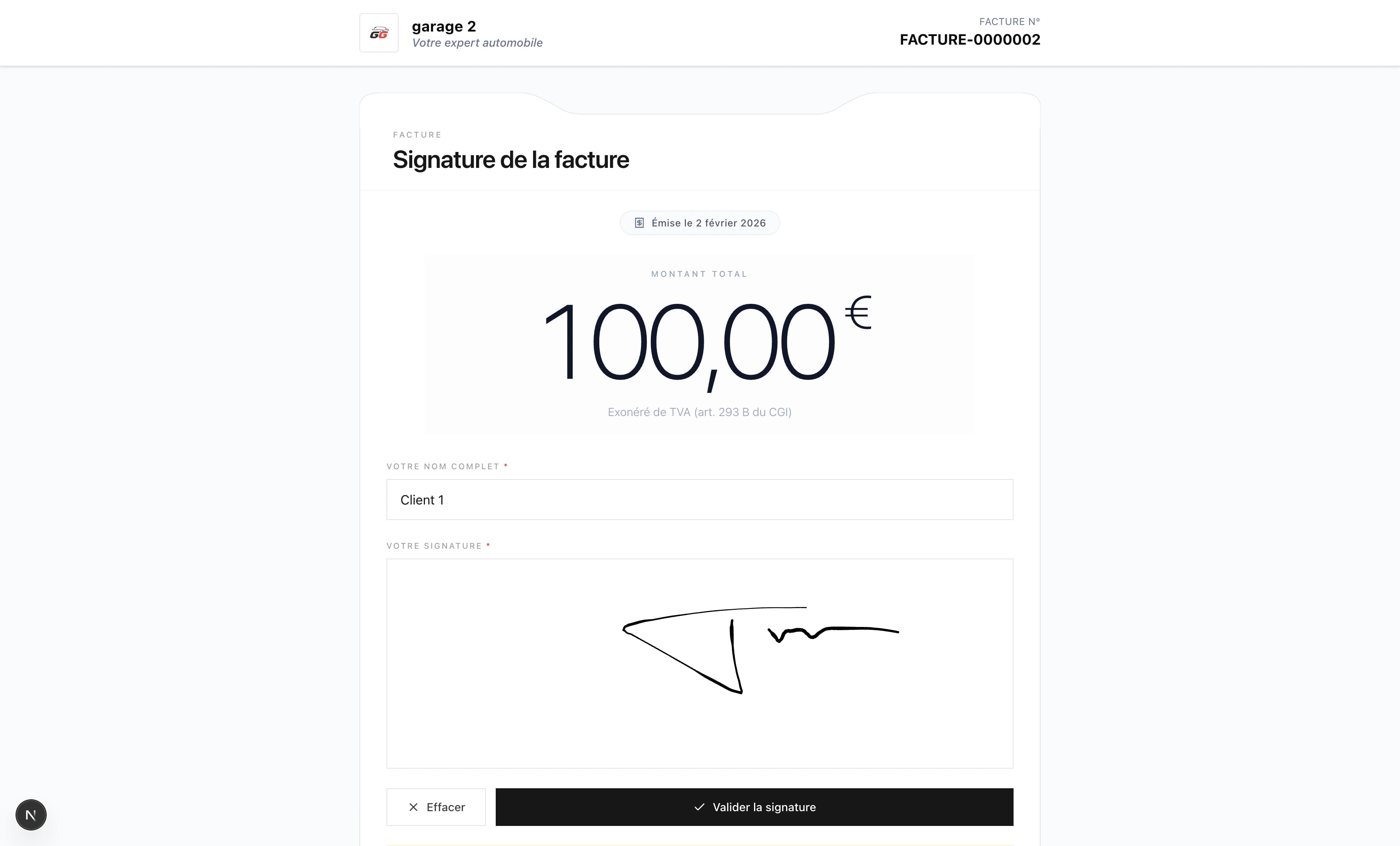 Signature électronique en ligne d'un devis de garage par le client, depuis son téléphone