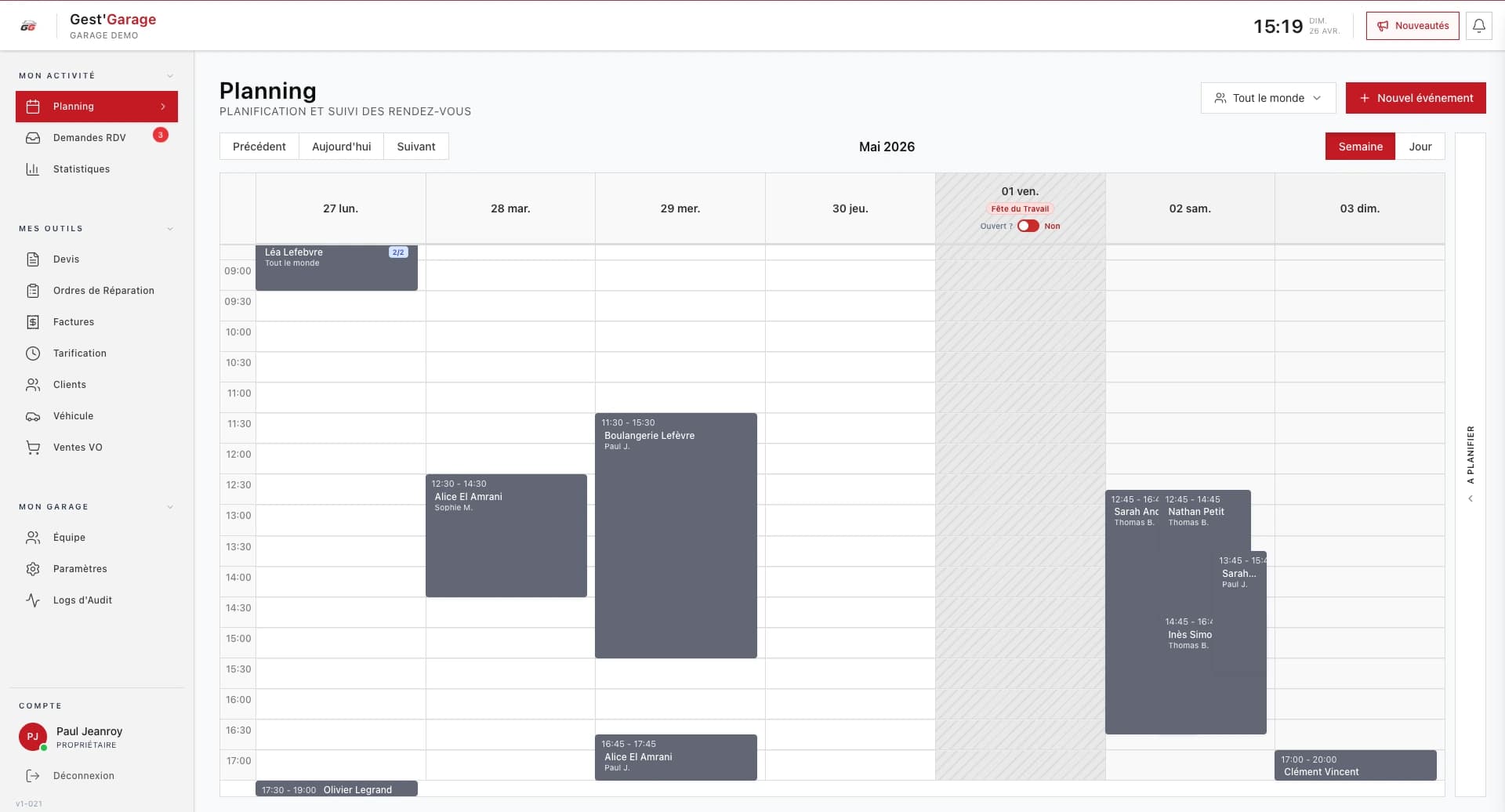 Le planning de l'atelier, en temps réel